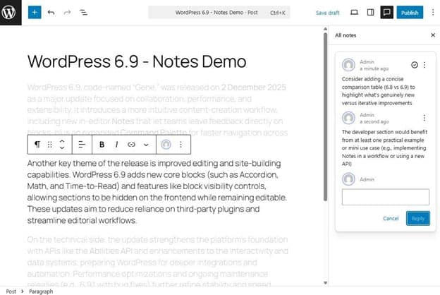 Editor with Notes panel showing threaded feedback