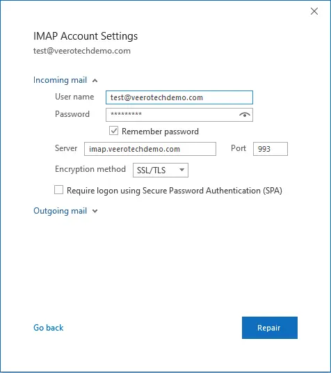 IMAP account settings for incoming mail.