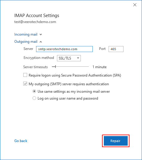 IMAP account settings for outgoing mail.