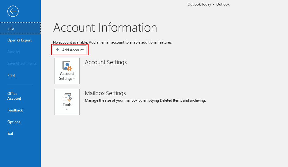 Adding an email account in Outlook.