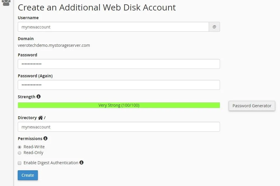 creation of the Web Disk account
