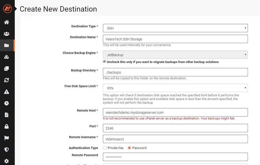 JetBackup Destination Settings