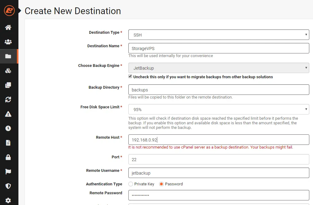 JetBackup Destination Settings