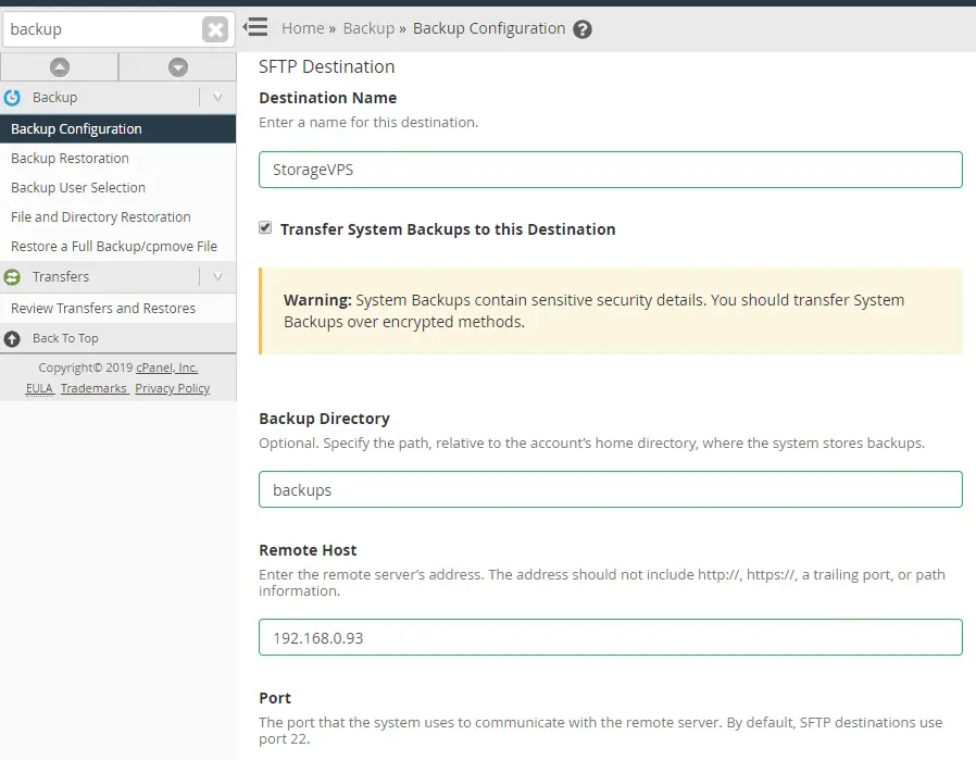 WHM SFTP Backup Destination