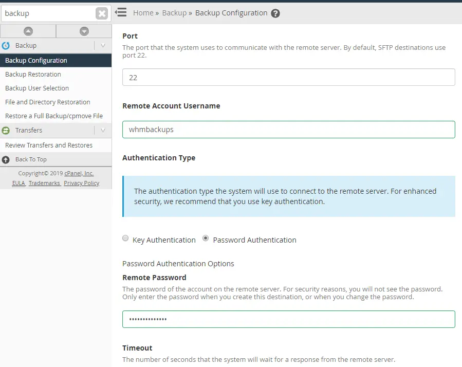 WHM Backup to SSH Settings