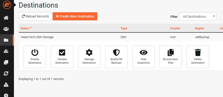 JetBackup Destination Actions