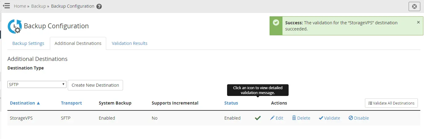 WHM Backup Destination Validate