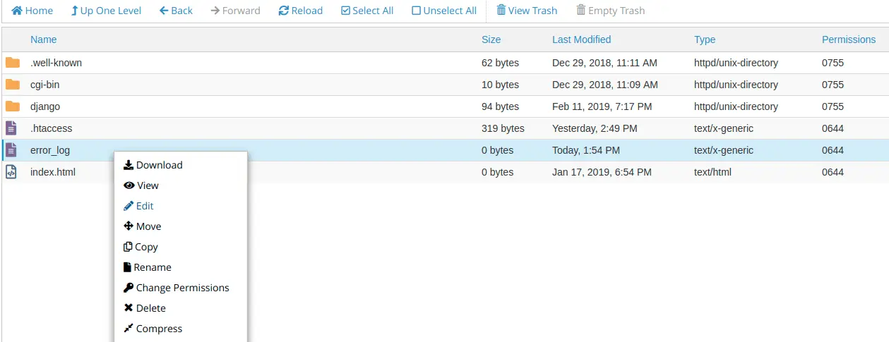 The Apache error_log in cPanel File Manager.