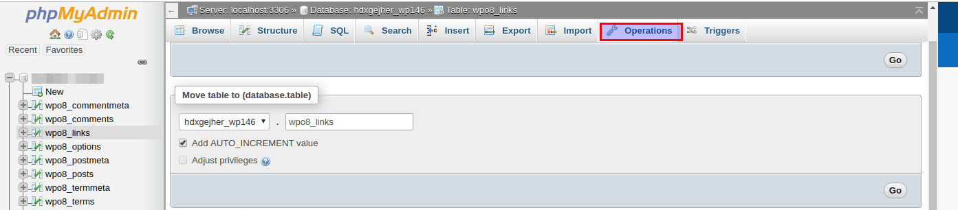 Selecting a database in phpMyAdmin.