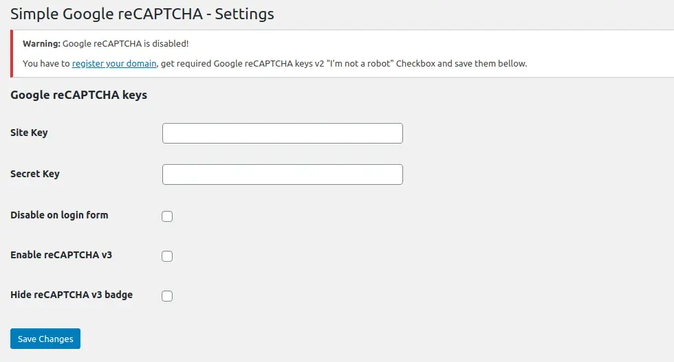 Simple Google reCaptcha settings before adding key
