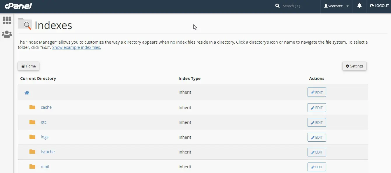 Indexing option in cPanel interface
