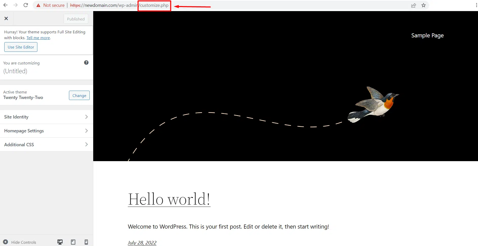 WordPress administration page customize option