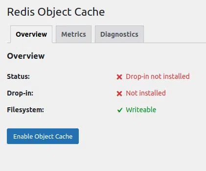 Redis Object Cache plugin activation page