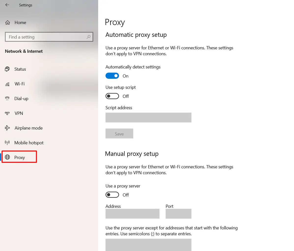 Deactivating the proxy on Windows