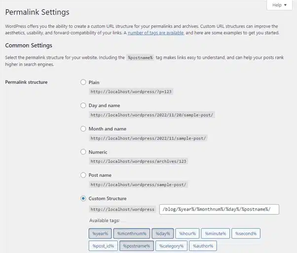 Wordpress permalinks settings