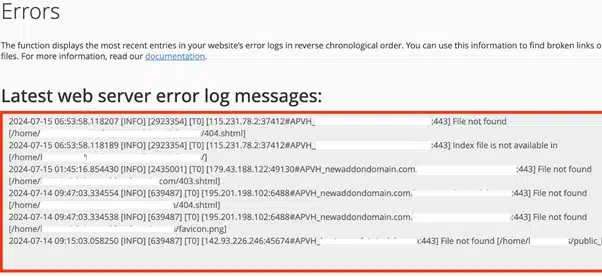 Web server error logs messages