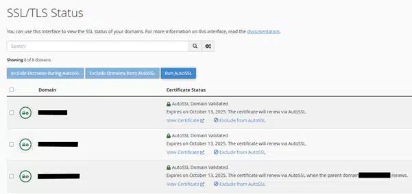 Screenshot of an SSL/TLS manager in a hosting control panel.