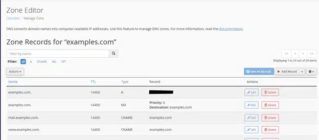 Screenshot showing cPanel Zone Editor and MX records setup