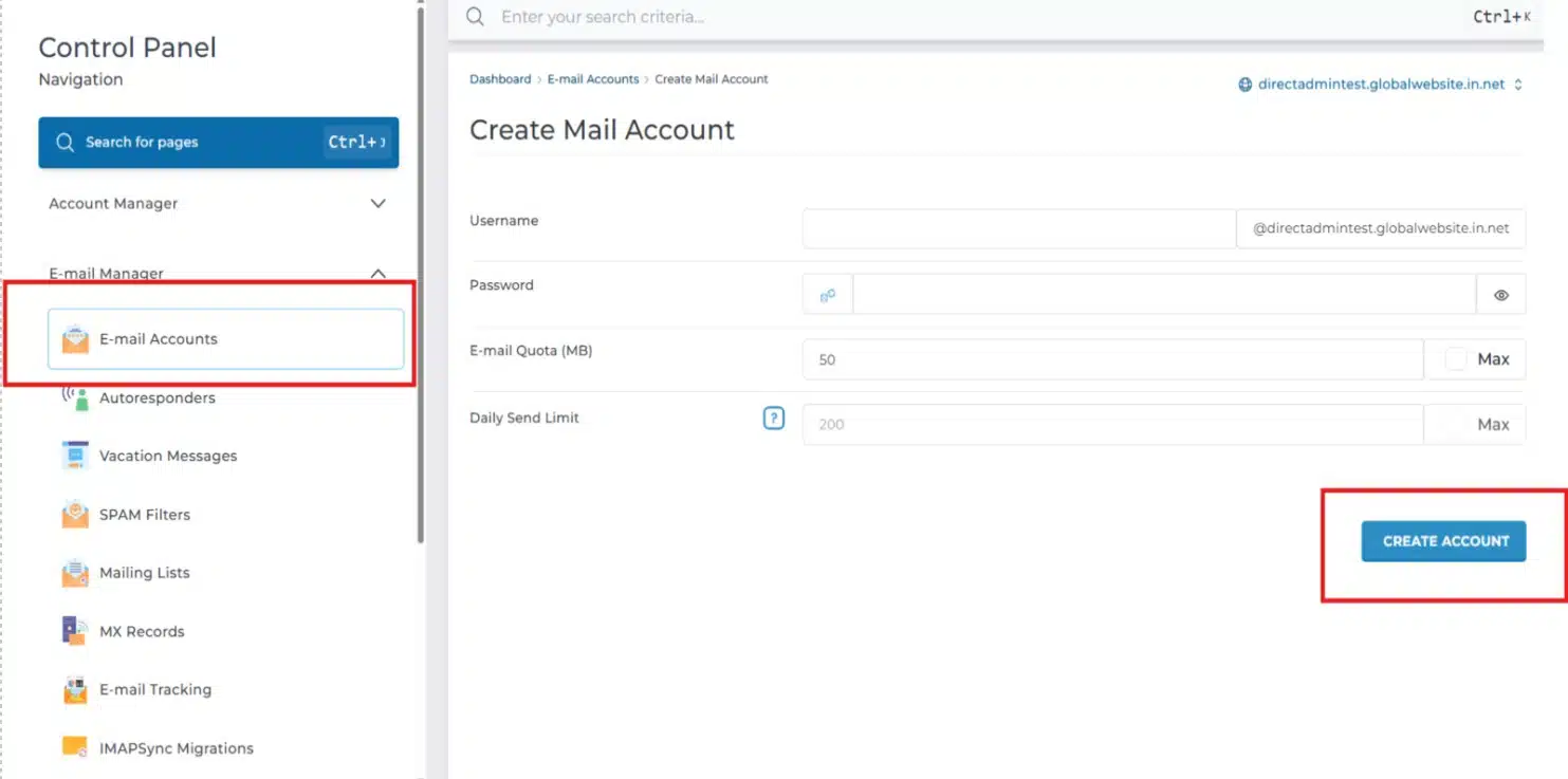Creating Email Accounts in DirectAdmin