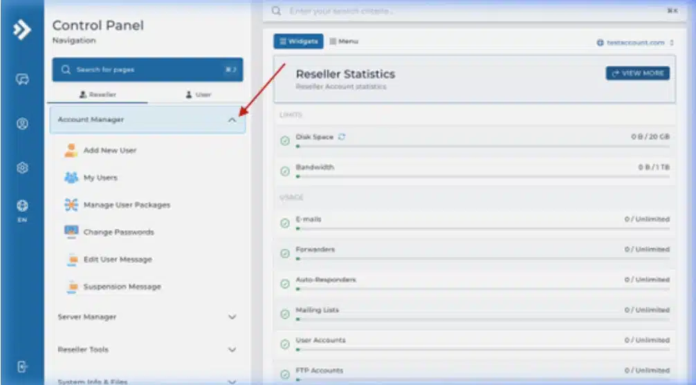 Direct Admin Account Manager Menu