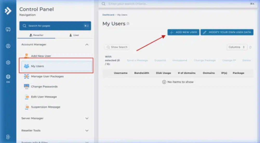 Direct Admin My Users Page