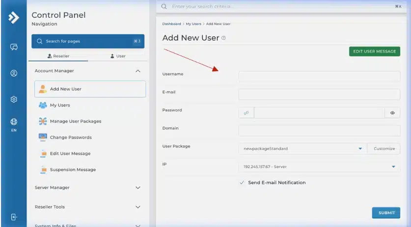 Direct Admin Create User Section