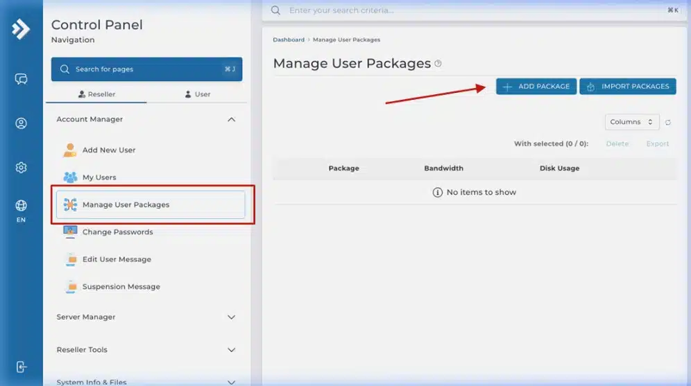 DirectAdmin Manage User Packages interface