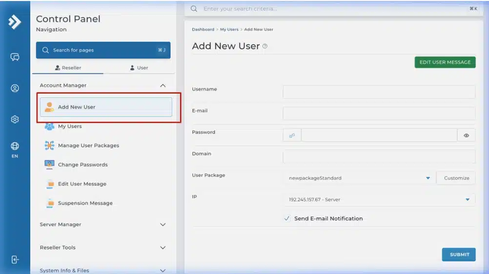 DirectAdmin Add New User Interface