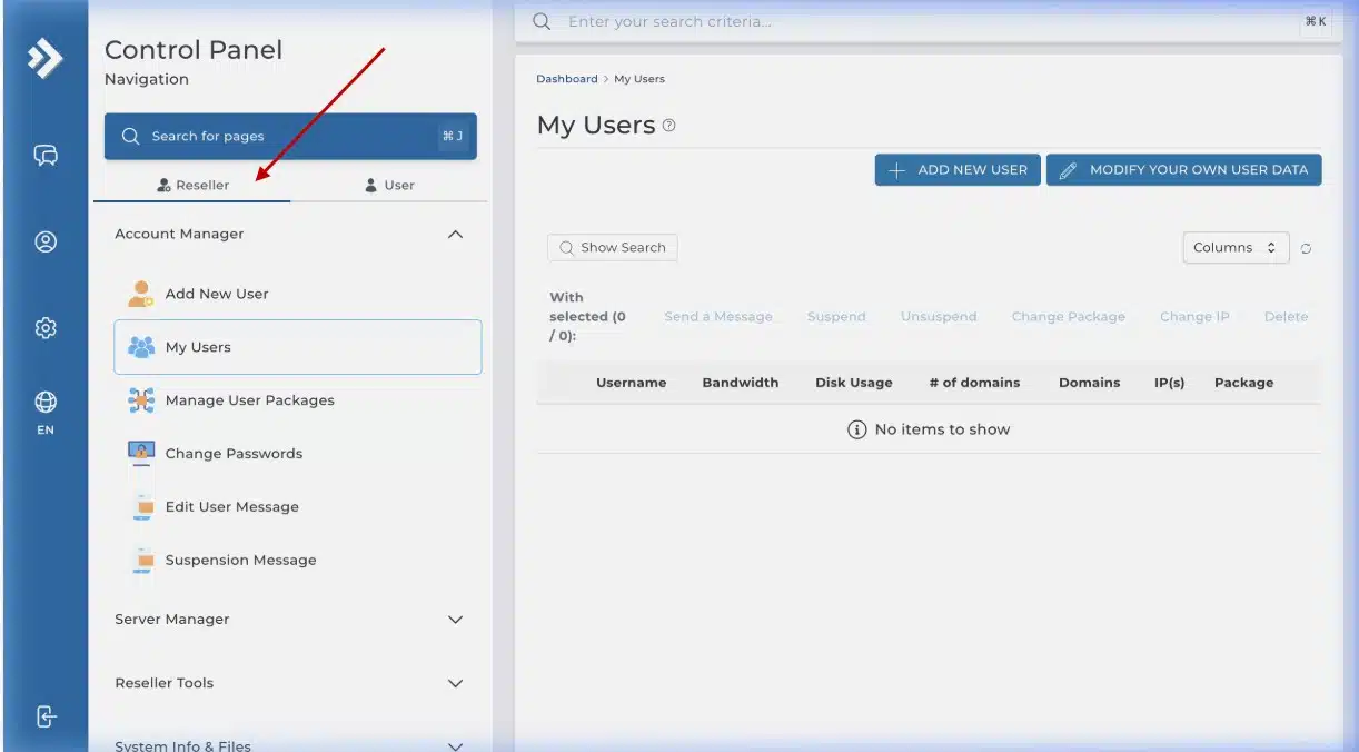 DirectAdmin dashboard with Reseller Level selected
