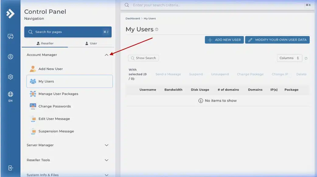 Account Manager menu expanded