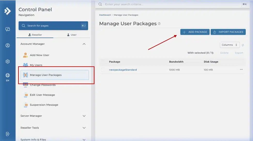 Manage User Packages page with ADD PACKAGE button