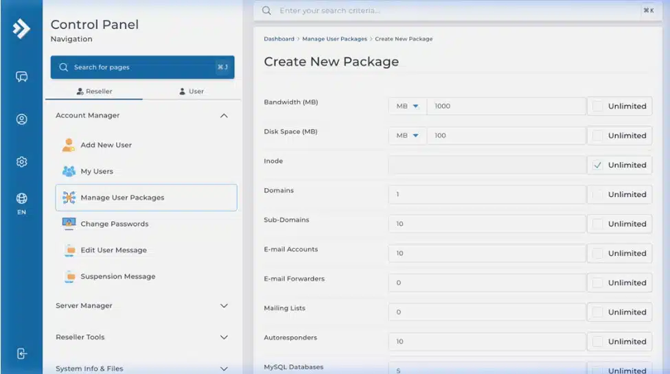Package resource configuration form - top section