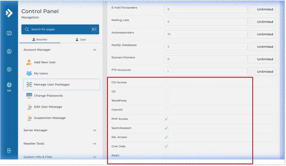 Package feature toggles section