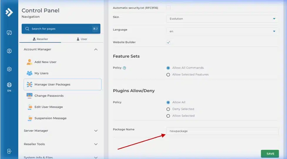 Package name field and SAVE button